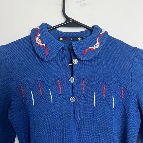 Scandinavian Style Girls Royal Blue Embroidered Pom Pom Tie Long Sleeve Dress - Picture 3 of 9